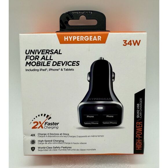 HyperGear High-Power 4-Port‎ USB 6.8A Car Phone Charger Black NEW - Picture 1 of 2